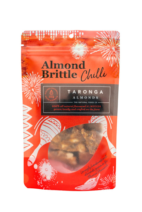 Red package of Almond Brittle Chilli by Taronga Almonds on a white background